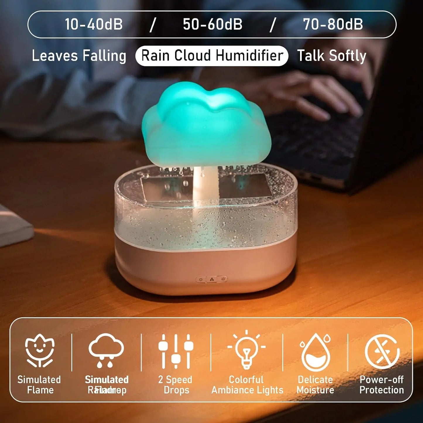 USB Rechargeable Raincloud Humidifier with LED Lights and Rain Sound™